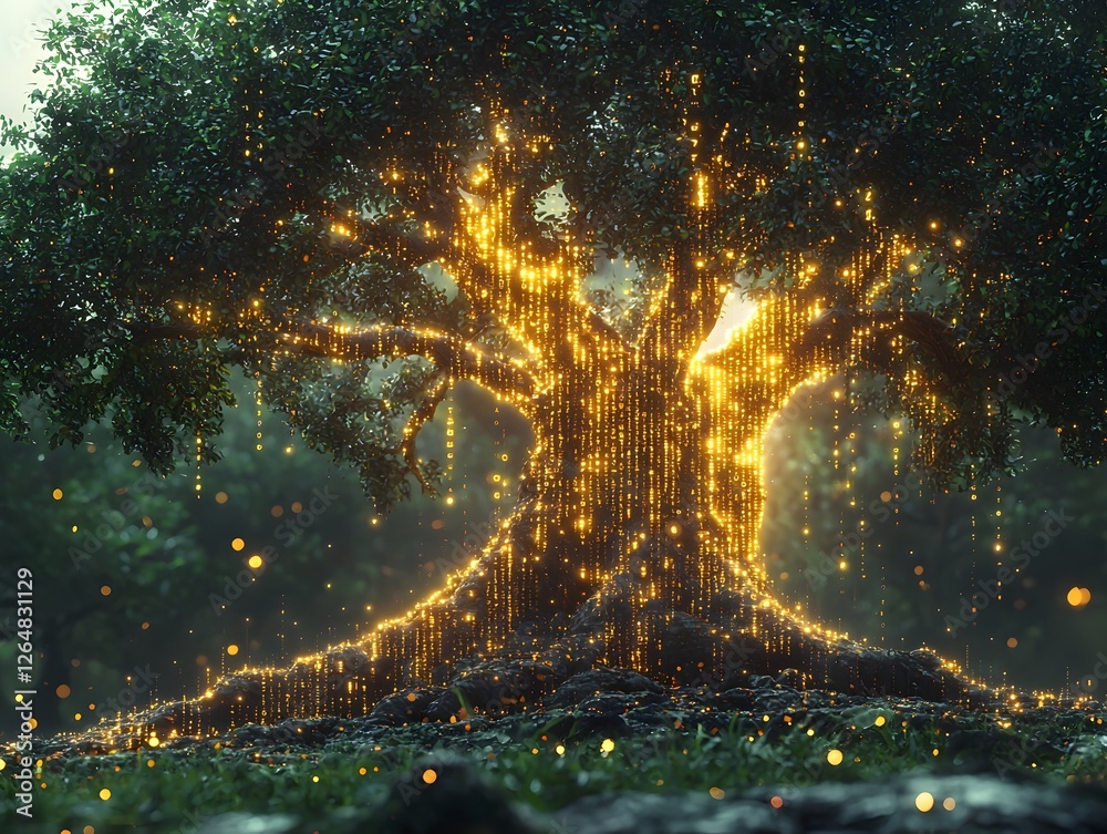Poster glowing cybersecurity tree shielding digital data with encrypted roots