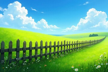Fototapeta premium Idyllic pastoral scene featuring a rustic wooden fence winding through a vibrant green meadow under a bright, sunny sky