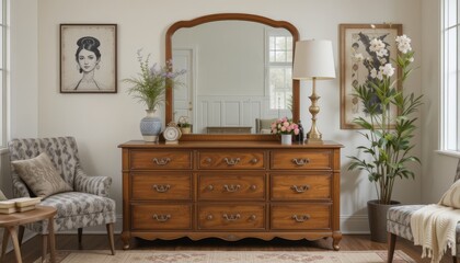 A beautifully arranged living room featuring a stylish wooden dresser, decorative plants, and artwork, perfect for interior design inspiration and home decor styles.