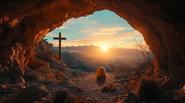 At dawn, light cascades into the empty tomb, illuminating the stone that once sealed it. A cross stands nearby, highlighting the moment of resurrection and new beginnings