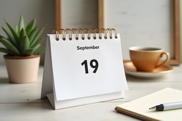 A calendar page flipping to September 19, set in a cozy desk scene.