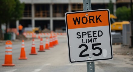 Work Speed Limit Sign at Construction Site with Traffic Cones