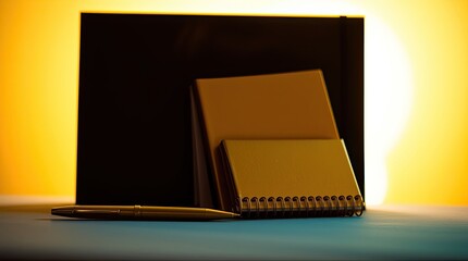 A carefully chosen set of golden stationery, including a pen, notepad with a gold edging, and planner, is silhouetted in backlighting with the light source behind the figure.