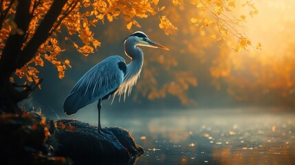 Fototapeta premium Majestic heron at sunrise by autumn river.