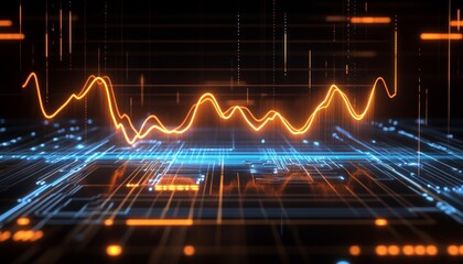 Naklejka premium Financial Trading Chart On Glowing Blue Circuit Board With Bright Orange Line Graph Data Points.
