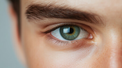 Obraz premium Close up of a young Caucasian man's blue eye with detailed iris and eyebrow texture