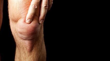 Close up of swollen knee with fingers touching inflamed joint, pain relief concept in healthcare