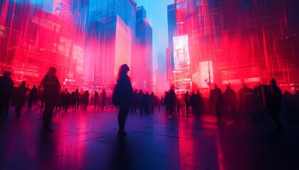 Obraz premium Nighttime urban crowd in vibrant city with glowing lights and reflections