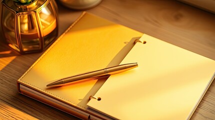 Soft light, shortly after sunrise or before sunset, illuminates a delightful and adorable gift bundle of golden stationery, including a gold pen, notebook with a gold edging, and planner.