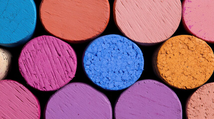 Vibrant chalk pastels in geometric alignment showcasing colorful artistic supplies on black background
