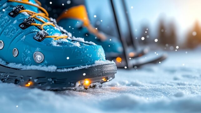 Close-Up of Outdoor Hiking Boots on Snowy Terrain with Snowflakes. Generative AI