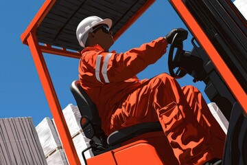 Fototapeta premium Worker operates forklift in warehouse for transport and logistics, blue sky background