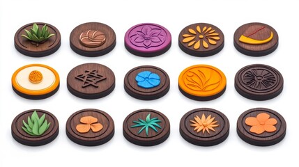 Creative Wooden Tokens with Intricate Floral Designs. Generative AI