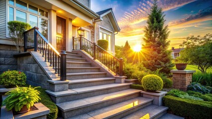 Fototapeta premium Enhance your home's curb appeal with elegant exterior stairs. Choose from wood, stone, or brick for a modern or classic design.