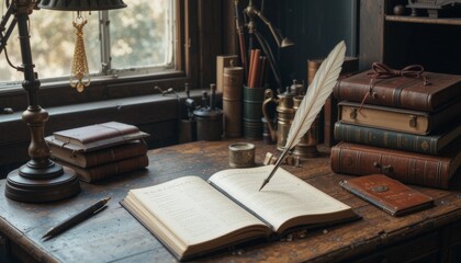Obraz premium A vintage writing setup featuring a quill pen, open book, and stacked leather-bound books, perfect for writers or those who appreciate historical literary practices.