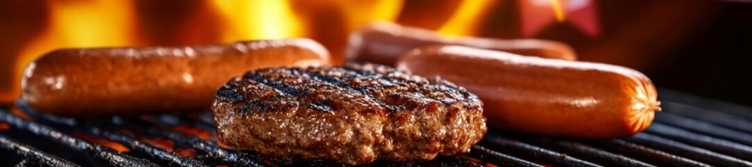 Grilled Burgers and Hot Dogs on BBQ Grill with Flames. Generative AI