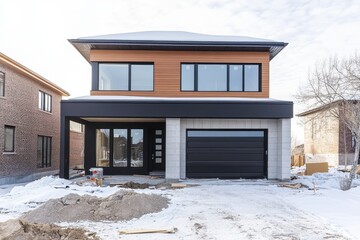 Modern two-story house in winter setting