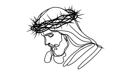 Jesus Christ with crown of thorns in stylized line drawing