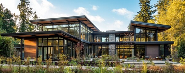 Fototapeta premium Modern glass house surrounded by lush greenery and trees
