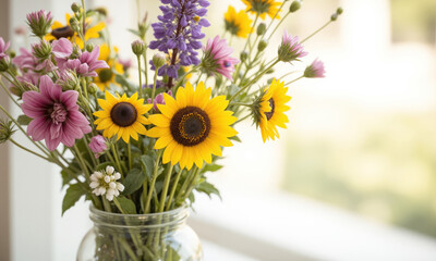 Obraz premium A stunning bouquet of freshly picked wildflowers in a simple glass vase, with soft sunlight filtering through the petals