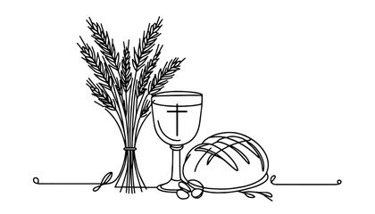 holy communion with chalice bread and wheat in one line drawing style