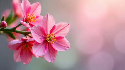 Obraz premium A bouquet of delicate, pink flowers on a plain background. The concept of a postcard for the spring holidays. Free space for text.