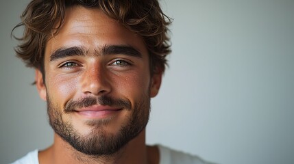 Fototapeta premium Handsome man smiling, studio portrait, neutral background, for advertising