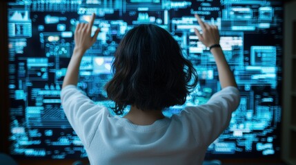 Surreal market researcher analyzing data in a professional workspace with floating visuals