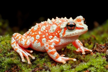 Spiked frog rests on moss, black background. Wildlife for nature, biology