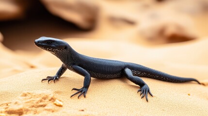 Naklejka premium A black skink darting across the hot sand of a desert, with rocky outcrops and sparse vegetation. The skink is pausing to bask in the sun, its scales shimmering. 