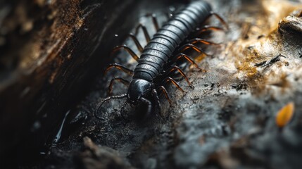 A black centipede crawling on a damp cave wall, with soft light and shadows around. The centipede is moving quickly, its many legs working in unison. 