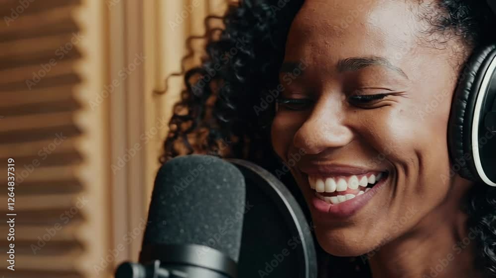 Poster professional content creator laughing while recording audio podcast in soundproof studio, wearing he