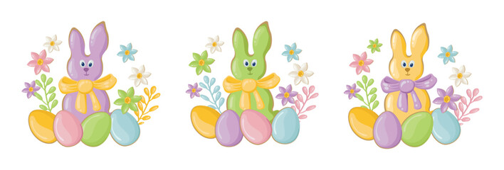 Set of Easter composition with a rabbit, colorful eggs and spring flowers for a postcard. For designing Easter greetings. Vector background for celebration and invitation to a traditional holiday.