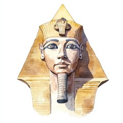 Watercolor pharaoh bust ancient egypt art illustration museum exhibit close-up historical significance, isolated on white background