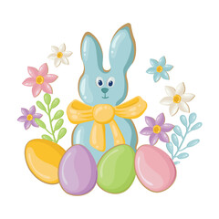 Easter composition with a rabbit, colorful eggs and spring flowers for a postcard. Template for designing Easter greetings. Vector background for celebration and invitation to a traditional holiday.