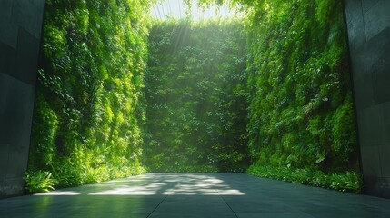 Lush Green Vertical Garden with Sunlight Streaming Through. Generative AI