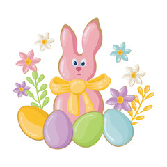 Easter composition with a rabbit, colorful eggs and spring flowers for a postcard. Template for designing Easter greetings. Vector background for celebration and invitation to a traditional holiday.
