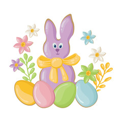 Easter composition with a rabbit, colorful eggs and spring flowers for a postcard. Template for designing Easter greetings. Vector background for celebration and invitation to a traditional holiday.