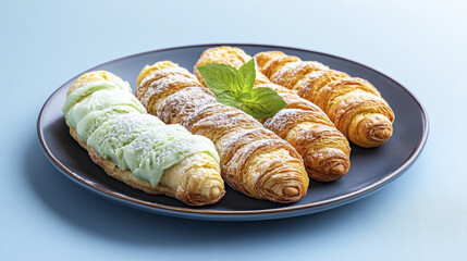 Fototapeta premium Delicious croissants with green cream filling, powdered sugar, and mint
