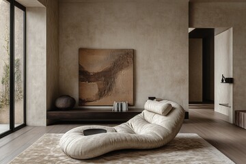 Cozy modern living room with unique seating and textured artwork in neutral tones