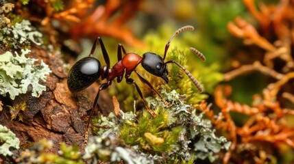 A black ant climbing a tree trunk in a dense forest, with moss and lichen around. The ant is carrying a small leaf, its tiny legs moving quickly.