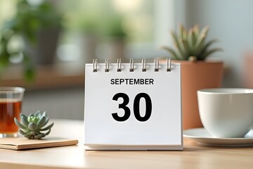 A calendar page flipping to September 30, set in a cozy desk scene.