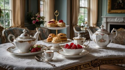 Fototapeta premium Elegant afternoon tea setting with pastries and teaware in a luxurious parlor