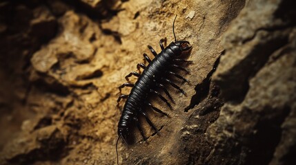 Obraz premium A black centipede crawling on a damp cave wall, with soft light and shadows around. The centipede is moving quickly, its many legs working in unison. 