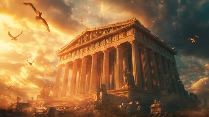 Obraz premium Sunset over Athenian temple, birds in flight, dramatic sky, ancient Greece, historical travel