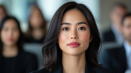 Naklejka premium Portrait of a focused and determined Asian female inventory manager reviewing important business documents and inventory data in a modern office setting