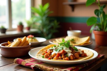 Savory Chickpea Flatbread with Creamy Sauce and Fresh Herbs, Served with Crispy Fried Snacks on a Rustic Wooden Table