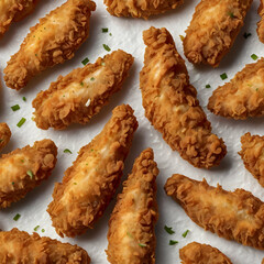 A delicious basket filled with crispy chicken strips, isolated on a transparent background. The chicken strips should have a crispy, golden-brown coating, arranged neatly in the basket.