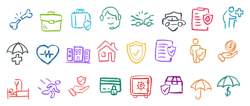 Insurance Related Icons Crayon Chalk Drawing Vector Set