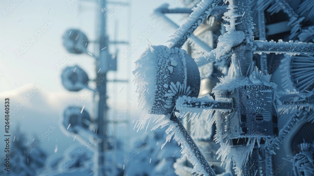 Poster icy structures of a communication tower are covered in frost against a cold blue backdrop, highlight